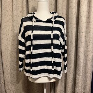 Navy and white stripe, terry cloth pull over hooded sweater